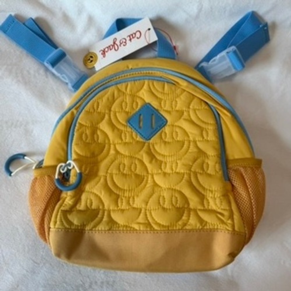 Cat & Jack Yellow Blue Quilted Smiley Face Mini Wheelchair Backpack NWT